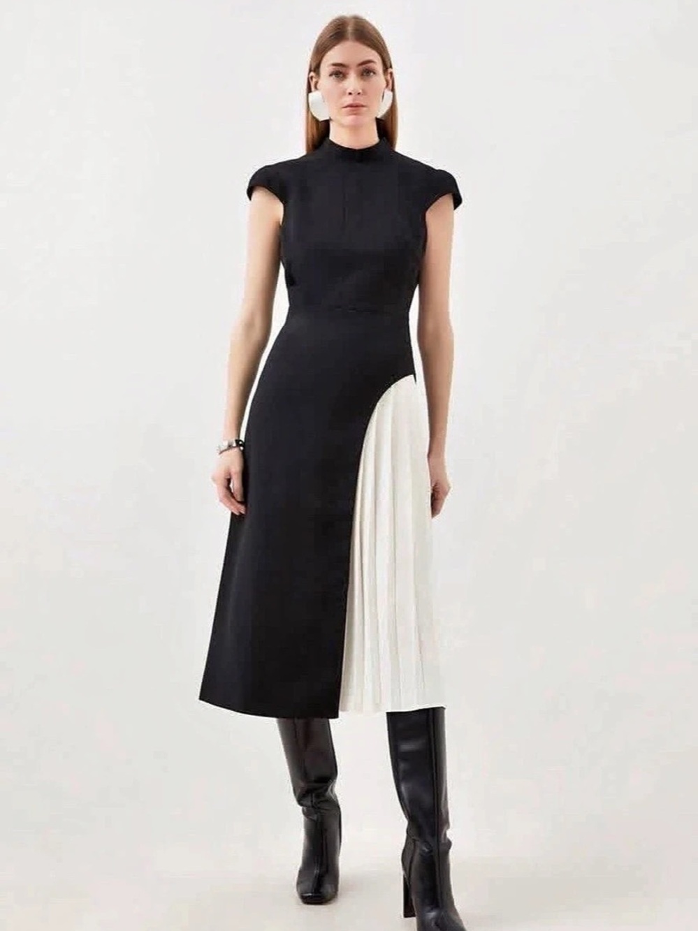 Karen Millen Forever Soft Tailored Colour Block High Neck Pleated Midi Dress
